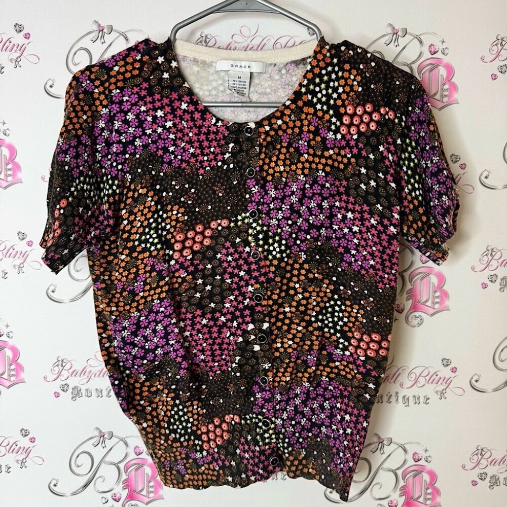Grace Women's Vibrant Floral Blouse button up flowers multicolor bright vibrant
